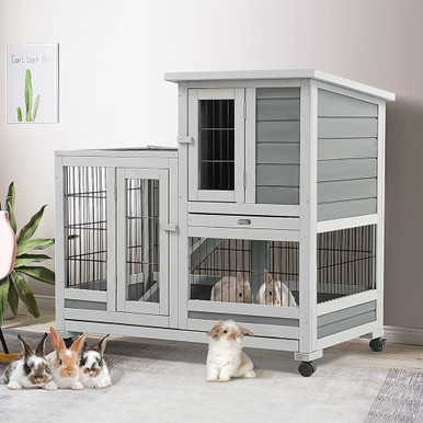 Gray and White Rolling Indoor/Outdoor Rabbit Hutch