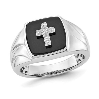 Mens Black Onyx Cross Ring in Sterling Silver with Accent Diamonds