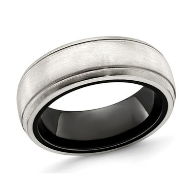 Mens Black Titanium with Silver Dome Groove Band Ring (8mm) - Ring size: 8