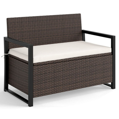 Rattan Loveseat with Inclined Backrest and Under-Seat Storage - Brown
