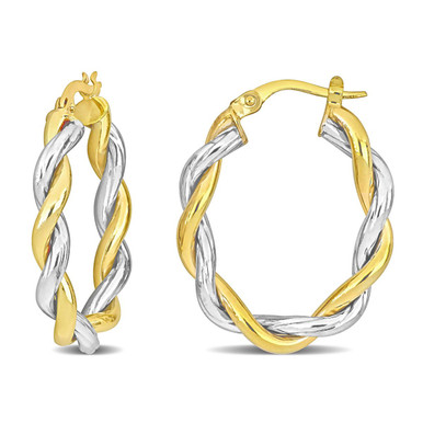 10K Yellow and White Gold Twisted Oval Hoop Earrings (27mm)