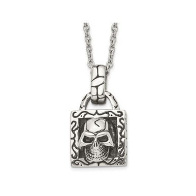 Antiqued and Polished Skull Pendant Necklace