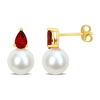 8.5-9mm Cultured Freshwater Pearl Earrings with Garnet