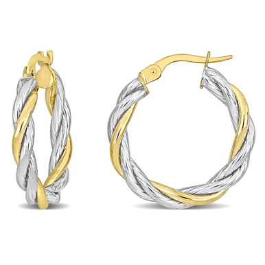 10K Yellow and White Gold Twisted Hoop Earrings (25mm)