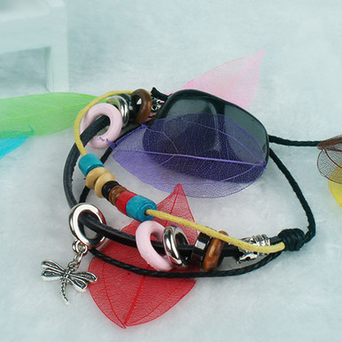Dragonfly Pendant Leather Charm Bracelet