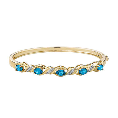 Created Blue Topaz Bangle with Diamonds in 14K Yellow Gold Plating