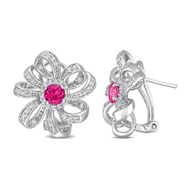 2.00 Carat (ctw) Pink and White Topaz Flower Omega-Clip Earrings