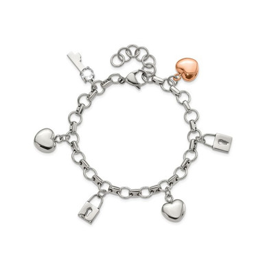 Stainless Steel Heart Lock and Key Charm Bracelet (8.5")