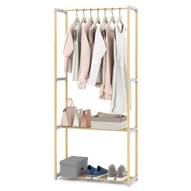 Pine Wood Clothes Rack with 2-Tier Open Storage Shelf