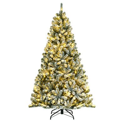 Pre-Lit Snow Flocked Hinged Christmas Tree with Metal Stand