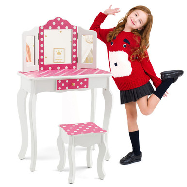 Kids Vanity Set with Stool and Tri-Folding Mirror
