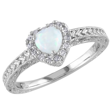 Opal and Diamond 1/5 Carat (ctw) Ring in Sterling Silver - Ring size: 5