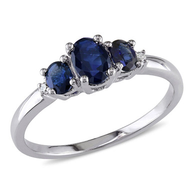 1.00 Carat (ctw) Blue Sapphire and Diamond Three Stone Ring in 10k White Gold - Ring size: 5