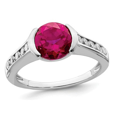 Lab Created Bezel Set Solitaire Ruby Ring in Sterling Silver - Ring size: 7