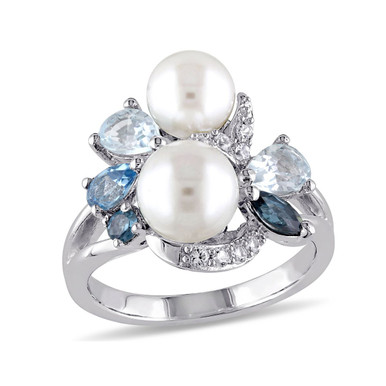 White Freshwater Cultured Pearl with Blue Topaz and Created White Sapphire Ring In Sterling Silver - Ring size: 5