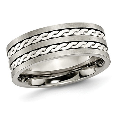 8mm Sterling Silver Braided Inlay Brushed Titanuim Band Ring - Ring size: 6