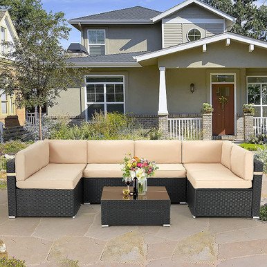 Rattan 7-Piece Patio Sofa Set with Glass Top Table