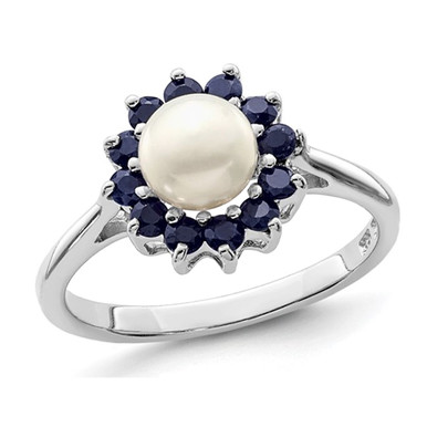 Freshwater Cultured Pearl Ring with Blue Sapphires in Sterling Silver - Ring size: 6