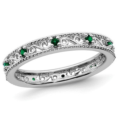 1/8 Lab Created Green Emerald Eternity Band Ring in Sterling Silver - Ring size: 5
