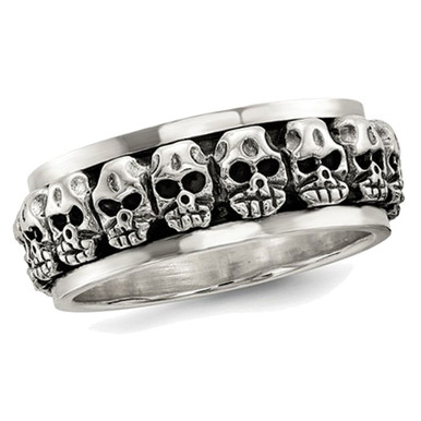 Men's Antiqued Polished Skull Ring in Sterling Silver with Spinning Center - Ring size: 10