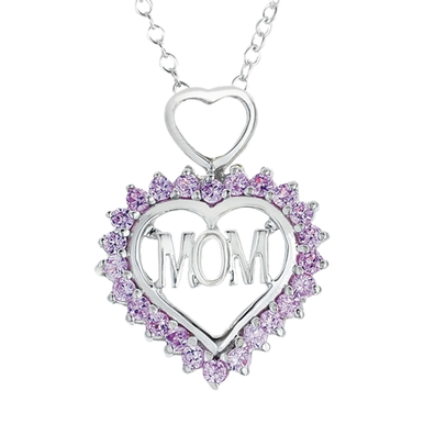 'MOM' Lab-Grown Pink Sapphire Sterling Silver Heart Pendant Necklace