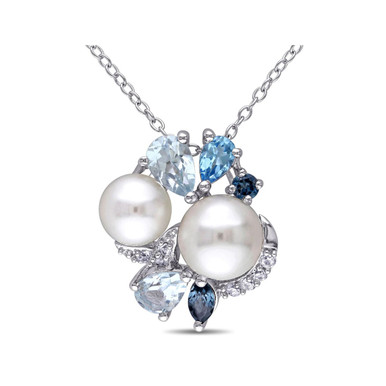 Freshwater Pearl Sky Blue Topaz Sapphire Cluster Pendant Necklace