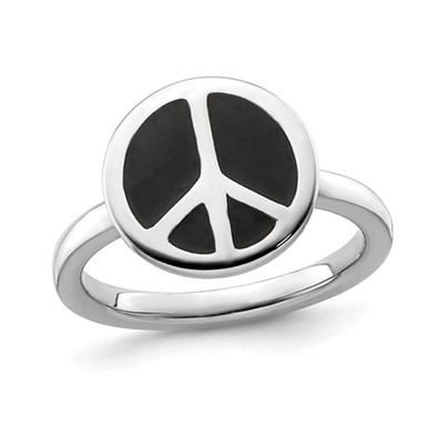 Black Enamel Peace Sign Ring in Sterling Silver - Ring size: 5