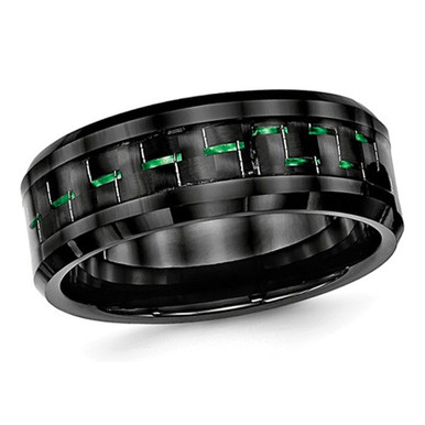 Ceramic Black with Green Carbon Fiber Beveled Edge Wedding Band Ring - Ring size: 7.5