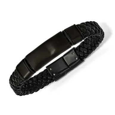 Men's Bracelet in Black Stainless Steel with Braided Leather (8.5 Inch)
