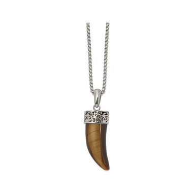 Men's Tigers Eye Horn Pendant Necklace in Stainless Steel with Chain