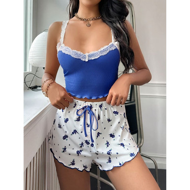 Women’s Lace Cami with Floral Print Shorts Pajama Set