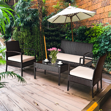 Beige Cushioned 4-Piece Rattan Patio Furniture Set