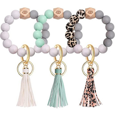 Stretchy Beaded Wristlet Keychain with Tassel - Grey Marble White Tassel