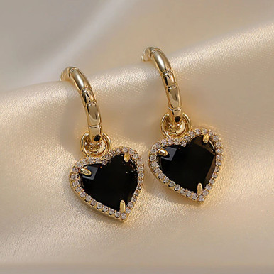 14K-Gold-Plated Black Onyx Heart-Shaped Hanging Earrings