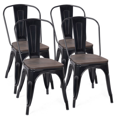 Goplus® Tolix Style Metal Dining Side Chair with Elm Wood (Set of 4)