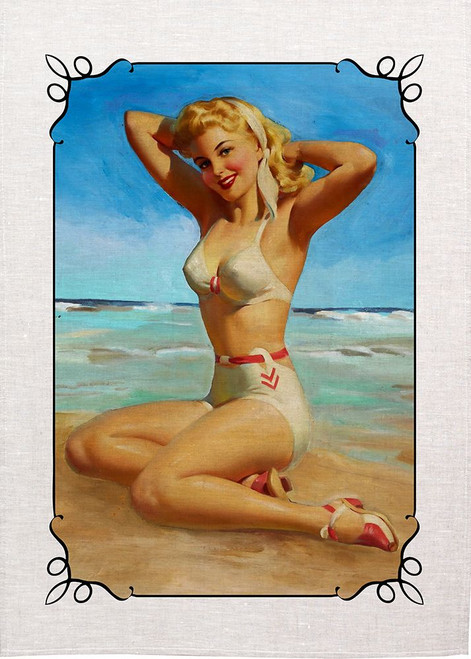 Lady Posing On The Beach With Sea In The Background Printed Tea Towel