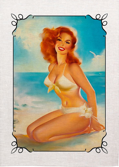 Lady Enjoying The Beach With Clear Sea And Sky As Backdrop Printed Tea Towel