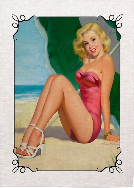 Beautiful Lady Enjoying The Sun, Sea And Sand, Printed Tea Towel