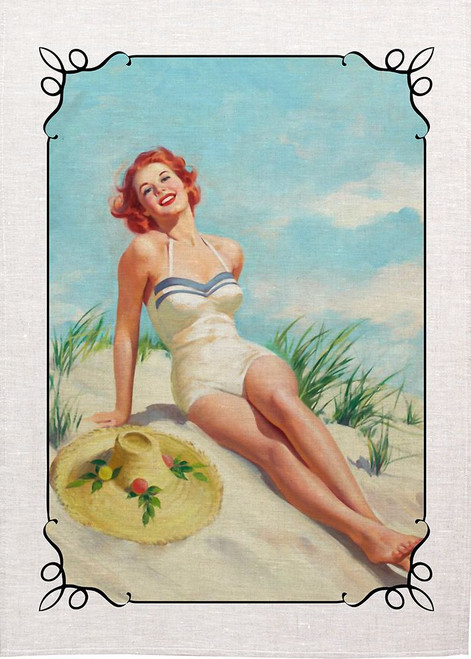 Beautiful Babe With Beach Hat Sitting On The Sand, Printed Tea Towel