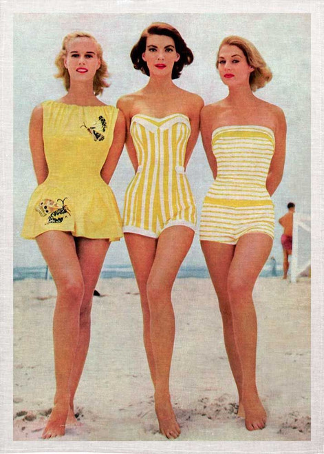 Three Models Posing On The Beach Printed Tea Towel