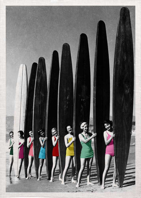 Vintage Surfing On Beach Printed Tea Towel