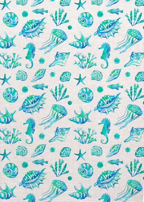 Sealife In Blue Repeat Pattern Printed Tea Towel