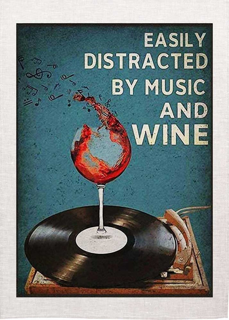 Easily Distracted By Music And Wine, Gramaphone Record, Printed Tea Towel