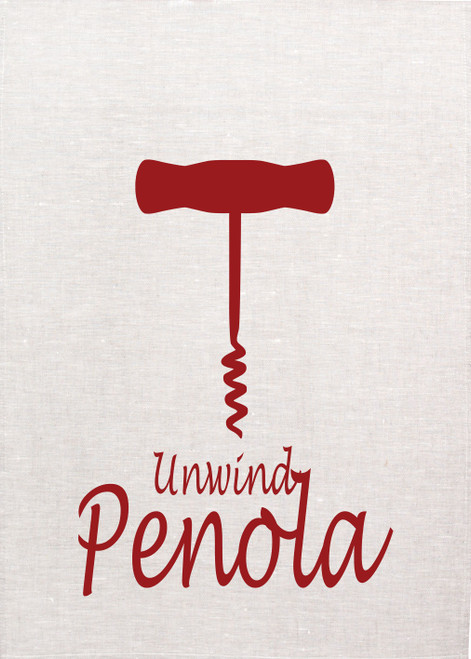 Unwind Penola, Printed In red On A Tea Towel