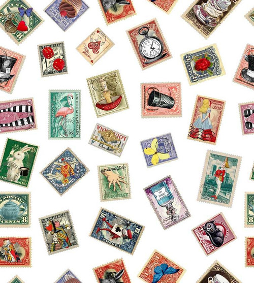 Alice In Wonderland Stamps Repeat Pattern Printed Tea Towel