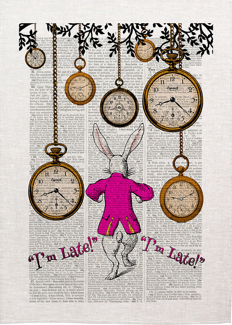 Alice in wonderland tea towel. Anthropomorphic white Rabbit with FOB watches, I am late, I am late,  Made in Australia, Alice47_Late_KT