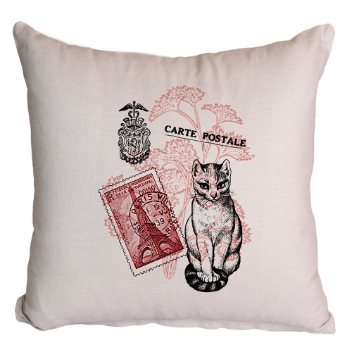 Cat Carte Postal Paris Printed Cushion Cover