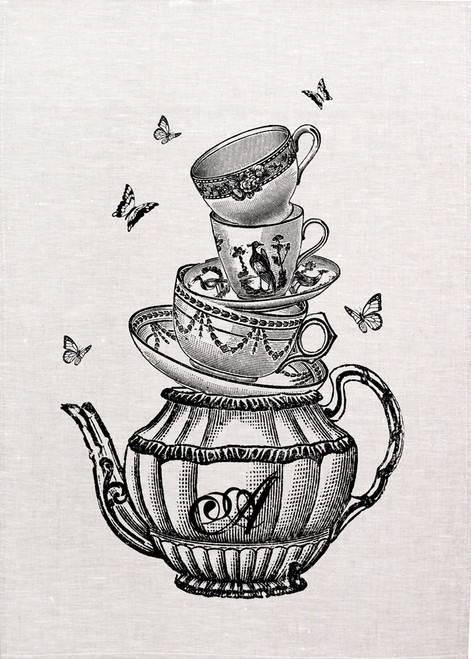 High Tea, Tea pot and cup saucer stack, Printed tea towel, HT127_KT