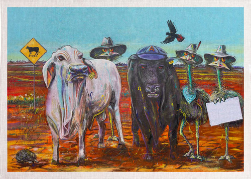 Brahmin cattle with the outback Outlaws by David Plant Teatowel