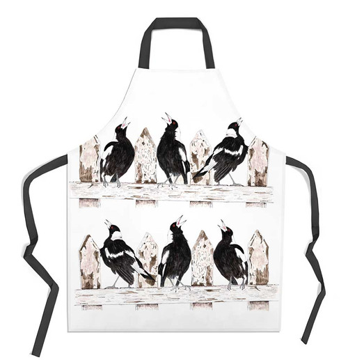 GL028_APW Magpie Cheering Squad by Grant Lennox

Quintessentially Australian design on a apron.

Designed and made in Australia.

Art by Grant Lennox, Tasmania

Product - Apron

Material: 100% Cotton 275GSM

Style - Printed and sewn

Brand - Koton Kraft

Made In Australia